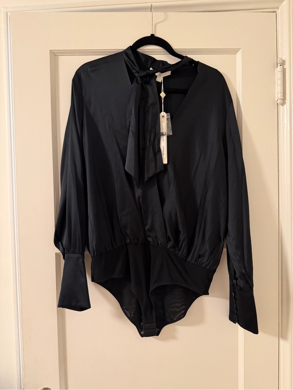 Jonathan Simkhai Black Satin Tie-Neck Long-Sleeve Bodysuit